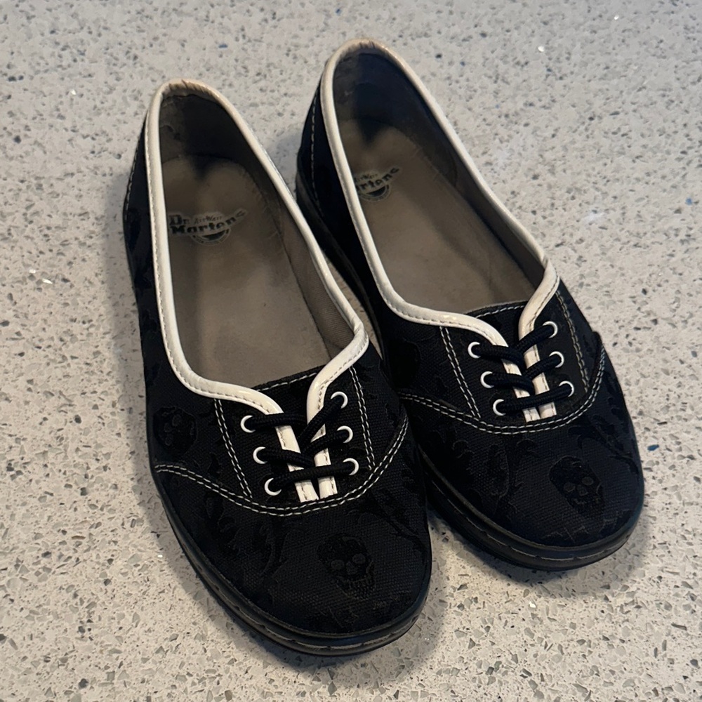 Dr. Martens Black Skull Canvas Lace-Up Flats with White Trim